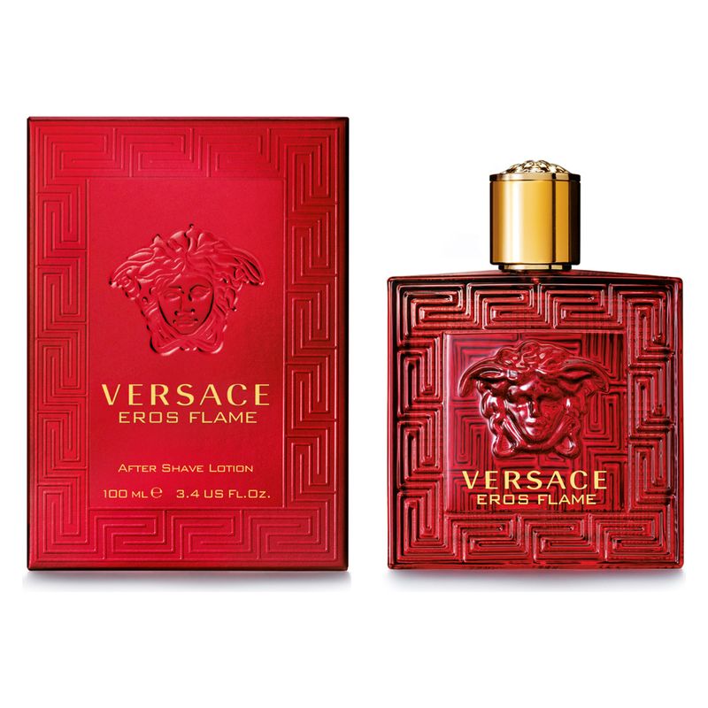 Versace Eros Flame, After Shave Lotion Uomo, 100 ml, Dopobarba Lenitivo, Fragranza Legnosa Speziata, Profumo Uomo persistente e passionale