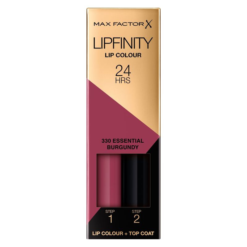 Max Factor Lipfinity Rossetto Liquido a Lunga Tenuta, 330 Essential Burgundy, 2.3 ml + 1.9 g, Tinta Labbra 24h con Top Coat Idratante e brillante