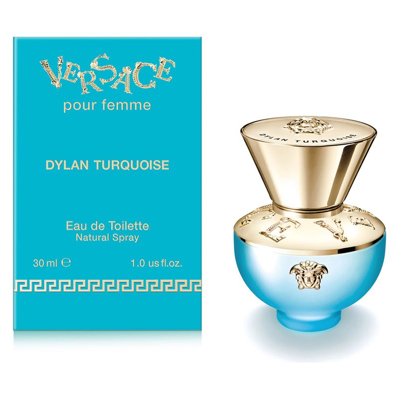 Versace Dylan Turquoise Pour Femme, Eau de Toilette Donna, 30 ml Spray, Profumo Floreale Legnoso e Muschiato, Fragranza Fresca, Esotica e Sensuale