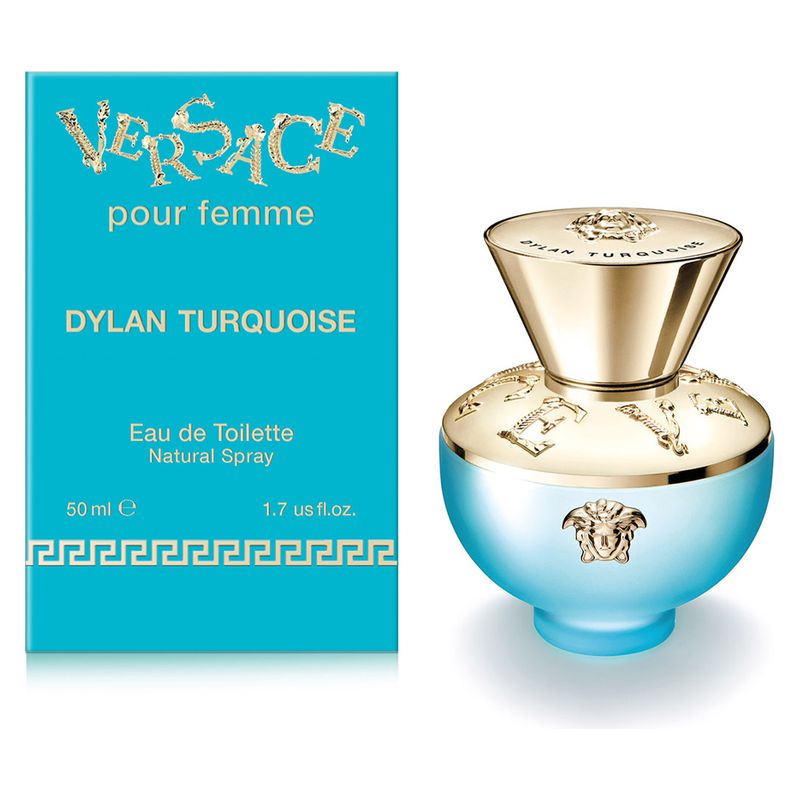 Versace Dylan Turquoise Pour Femme, Eau de Toilette Donna, 50 ml Spray, Profumo Floreale, Legnoso e Muschiato, fragranza estiva, fresca e sensuale