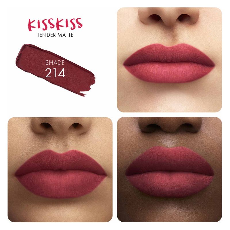 Guerlain KissKiss Tender Matte, Rossetto Matte Luminoso, Donna, 2.8 g, 214 Romantic Nude, Lunga Tenuta 16 Ore, Idratante e Confortevole