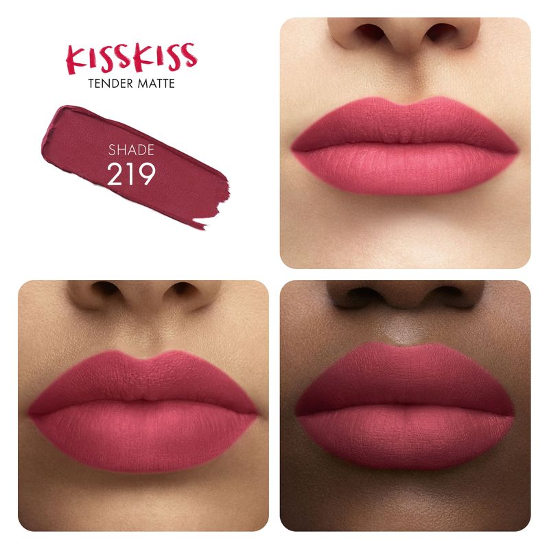 Guerlain KissKiss Tender Matte, Rossetto Matte Luminoso, 2.8 g, 219 Tender Rose, Comfort 16h, Lunga Tenuta, Idratante con Acido Ialuronico e Karité