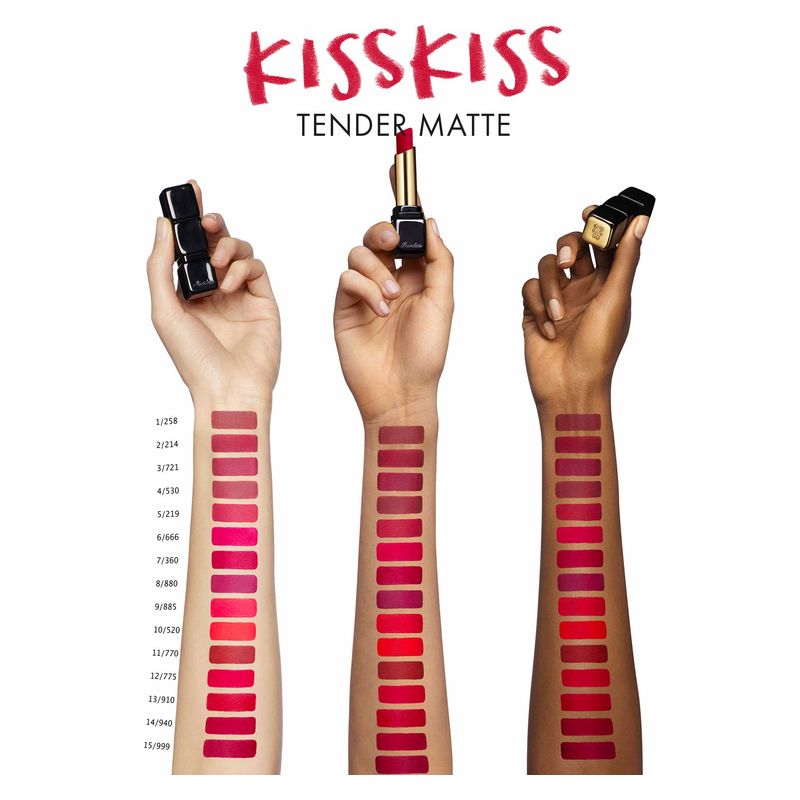 Guerlain KissKiss Tender Matte 360 Miss Pink, Rossetto Matte Luminoso 2.8 g, Lunga Tenuta e Comfort 16h, Idratante con Acido Ialuronico e Karité