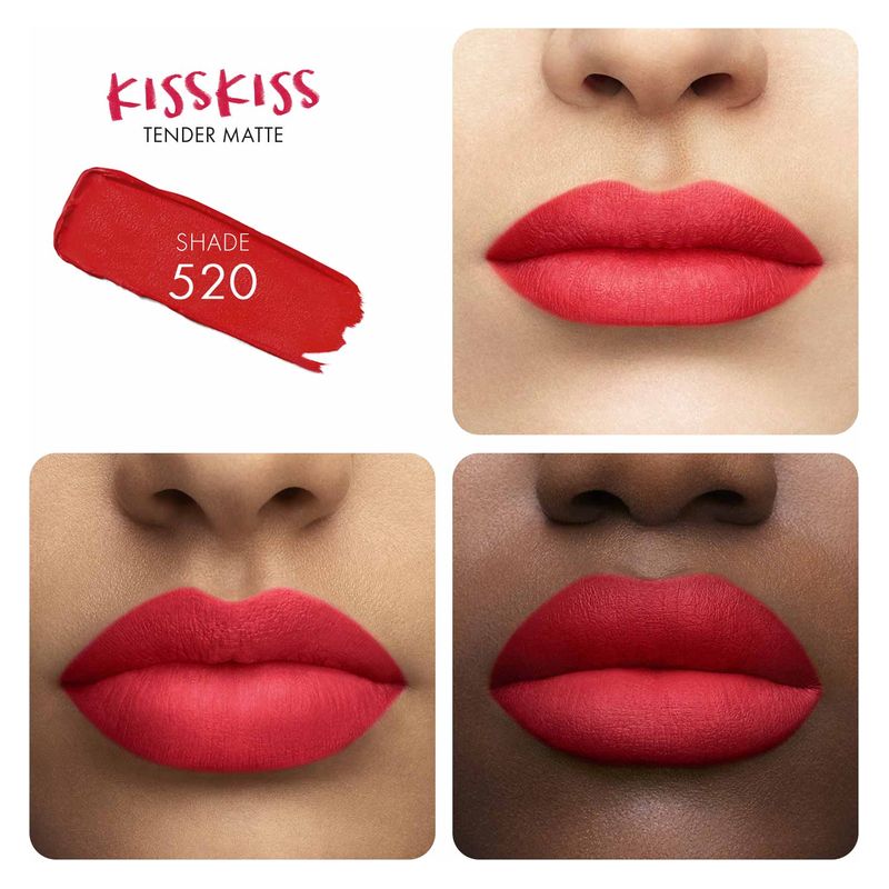 Guerlain KissKiss Tender Matte, Rossetto Matte Luminoso Donna, 2.8 g, 520 Sexy Coral, Lunga Tenuta, Comfort 16 Ore, Rossetto Idratante Labbra