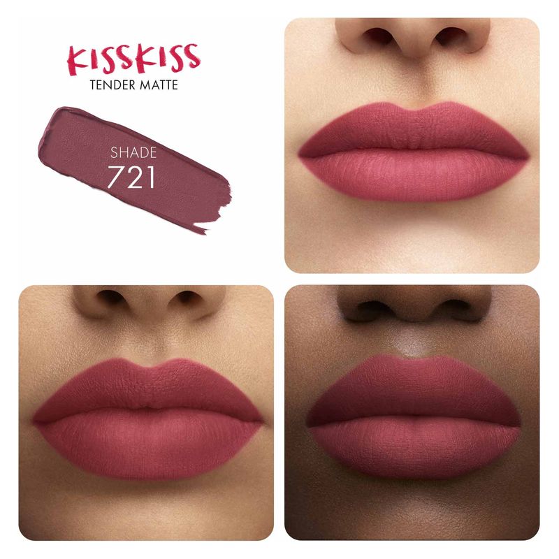 Guerlain KissKiss Tender Matte, Rossetto Matte Luminoso, 721 Dear Rose, 2.8 g, Comfort 16 Ore, Idratante e Lunga Tenuta con Acido Ialuronico