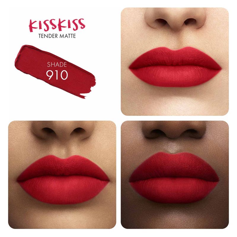 Guerlain KissKiss Tender Matte, Rossetto Matte Luminoso, 910 Wanted Red, 2.8 g, Comfort 16 Ore e Lunga Tenuta, Rossetto Idratante Effetto Vellutato