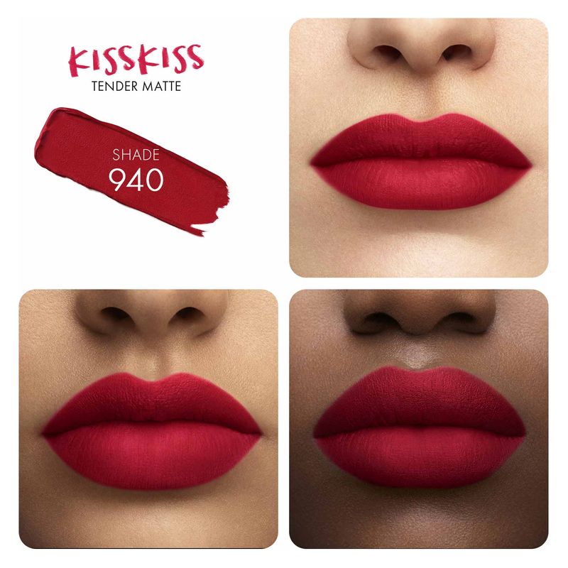 Guerlain KissKiss Tender Matte, Rossetto Matte Luminoso, 940 My Rouge, 2.8 g, Comfort 16h e Lunga Tenuta, Make-up Labbra Idratante Effetto Velluto