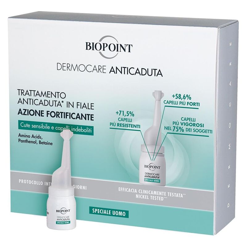 Biopoint Dermocare Trattamento Anticaduta Azione Fortificante, Lozione in Fiale per Capelli Uomo, 20 Fiale da 6 ml, Con Cellule Staminali Vegetali