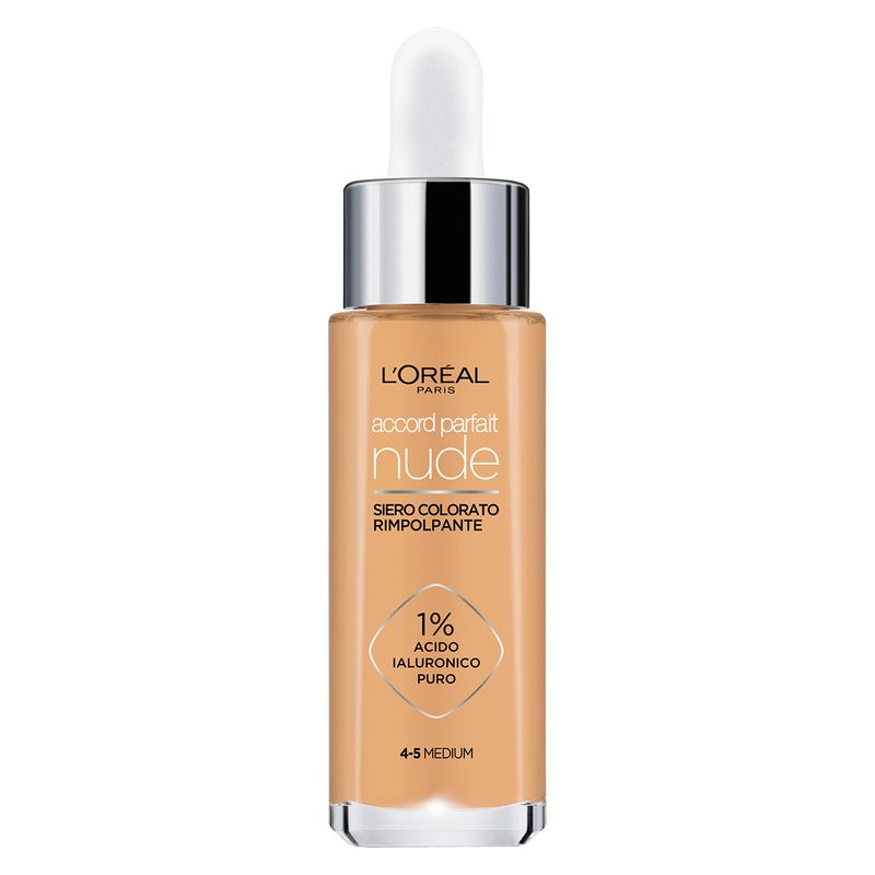 L'Oréal Paris Accord Parfait Nude, Siero Colorato Rimpolpante 30 ml, Tonalità 4-5 Medium, Fondotinta con 1% Acido Ialuronico, Finish Luminoso Naturale L'Oréal Paris Accord Parfait Nude, Siero Colorato Rimpolpante 30 ml, Tonalità 4-5 Medium, Fondotinta con 1% Acido Ialuronico, Finish Luminoso Naturale