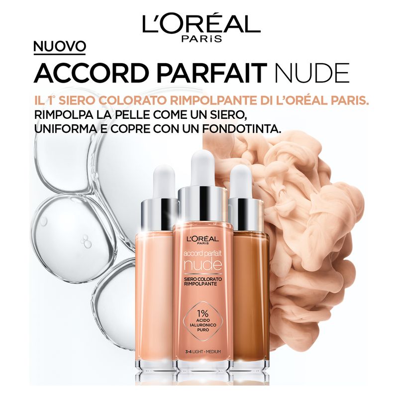 L'Oréal Paris Accord Parfait Nude, Siero Colorato Rimpolpante 30 ml, Tonalità 4-5 Medium, Fondotinta con 1% Acido Ialuronico, Finish Luminoso Naturale L'Oréal Paris Accord Parfait Nude, Siero Colorato Rimpolpante 30 ml, Tonalità 4-5 Medium, Fondotinta con 1% Acido Ialuronico, Finish Luminoso Naturale