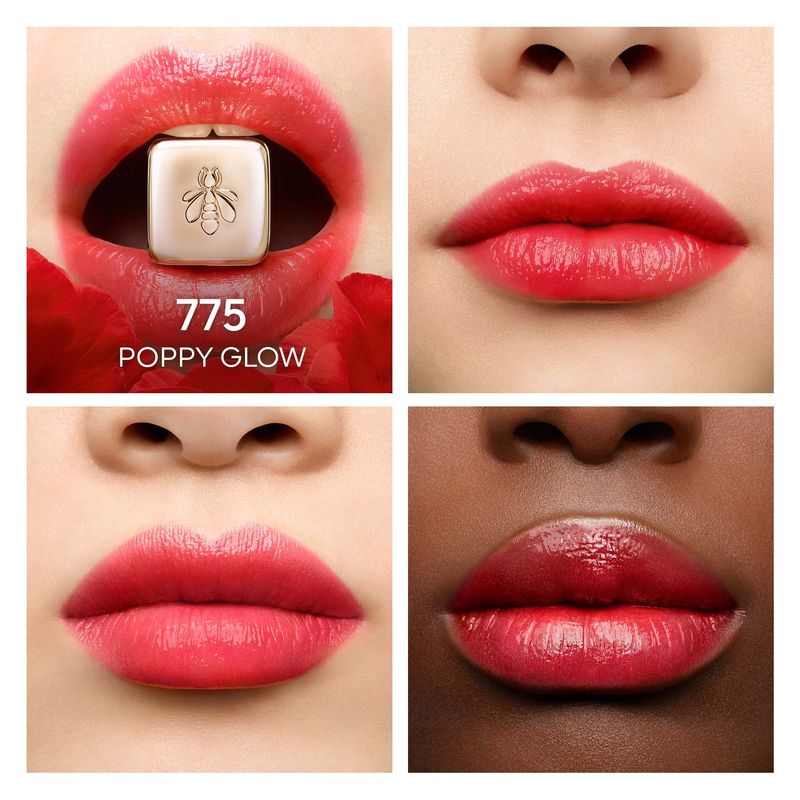 Guerlain KissKiss Bee Glow, Balsamo Labbra Colorato 775 Poppy Glow, 3.2g, Trattamento Idratante 24h al Miele, 98% Ingredienti di Origine Naturale
