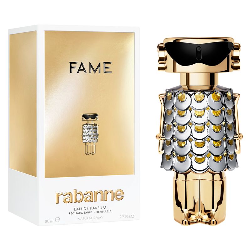 Rabanne Fame, Eau de Parfum Donna, 80 ml Spray Ricaricabile, Profumo femminile Chypre Floreale con Mango, Gelsomino e Vaniglia Rabanne Fame, Eau de Parfum Donna, 80 ml Spray Ricaricabile, Profumo femminile Chypre Floreale con Mango, Gelsomino e Vaniglia