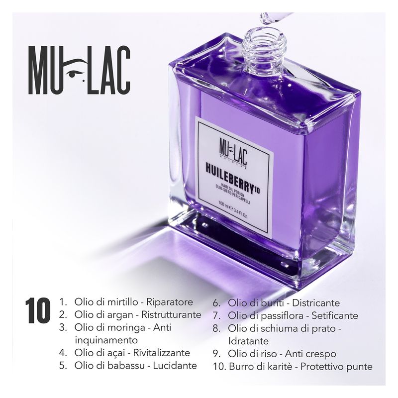 MULAC Huileberry 10 Olio-Siero per Capelli, 100 ml, Trattamento Riparatore e Nutriente, Protezione dal Calore, Ideale per Capelli Secchi e Crespi
