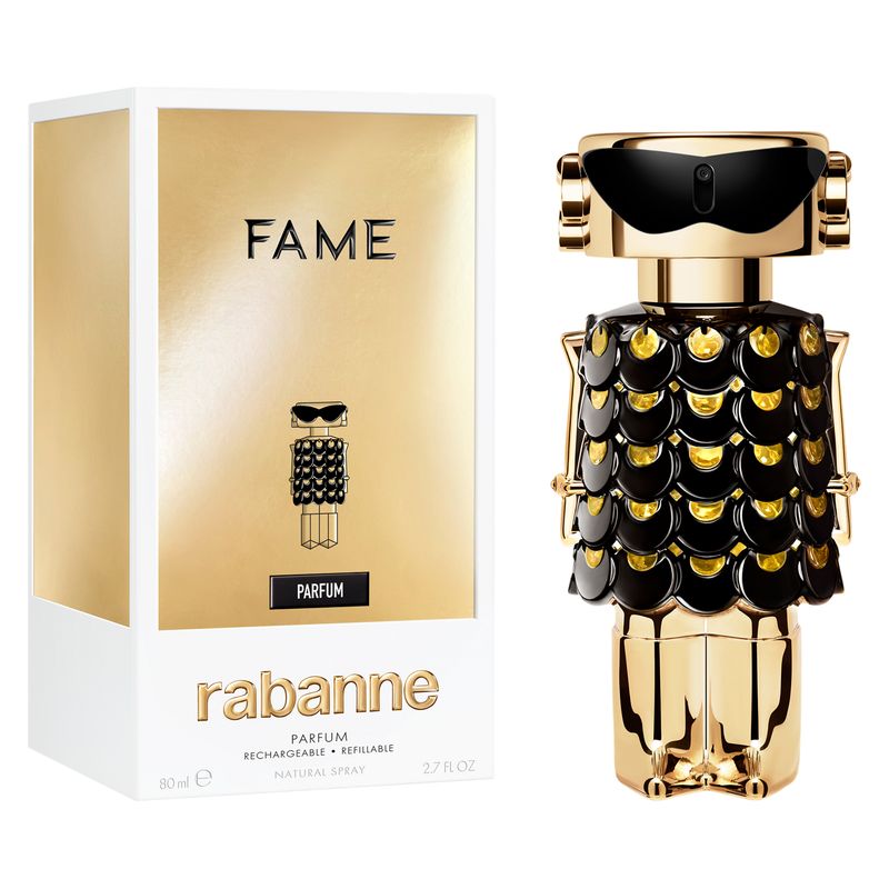Rabanne Fame Parfum, Parfum Donna, 80 ml Ricaricabile Spray, Intensa fragranza chypre legnosa, Profumo femminile, seducente e di lunga durata