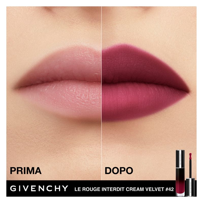 Givenchy Le Rouge Interdit Cream Velvet, Rossetto Liquido Mat, 42 Violet Velours, 6.5 ml, Lunga Tenuta 12h, Idratante con Burro di Karité Givenchy Le Rouge Interdit Cream Velvet, Rossetto Liquido Mat, 42 Violet Velours, 6.5 ml, Lunga Tenuta 12h, Idratante con Burro di Karité