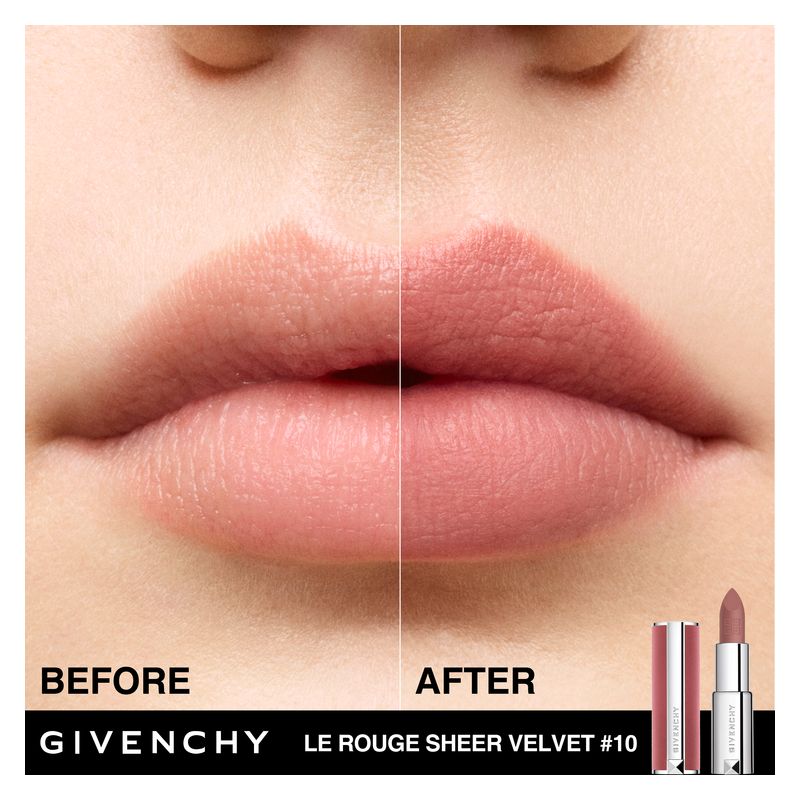 Givenchy Le Rouge Sheer Velvet, Rossetto Mat Effetto Sfumato, Donna, 10 Beige Nu, 3.4 g, Idratante e a Lunga Tenuta fino a 12 ore