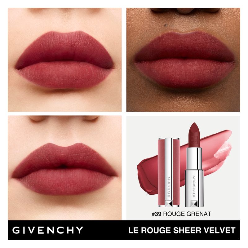 Givenchy Le Rouge Sheer Velvet, Rossetto Mat Vellutato Donna, 39 Rouge Grenat, 3.4 g, Lunga Tenuta Idratante, Effetto Sfumato, Ricaricabile