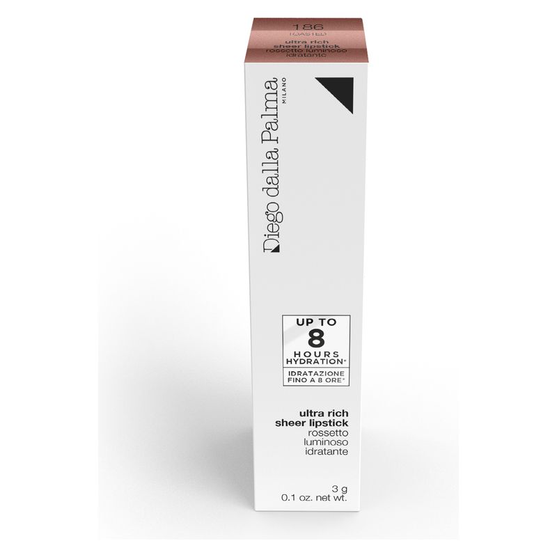Diego dalla Palma Ultra Rich Sheer Lipstick, Rossetto Luminoso Idratante, Colore 186 Toasted Caramello, 3g, Finish Lucido Semi Trasparente