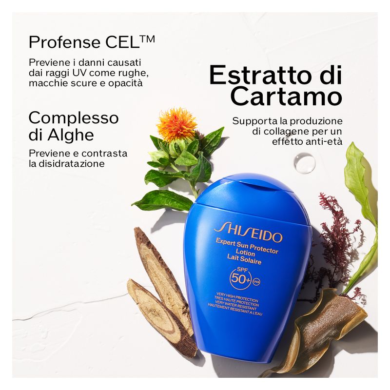 Shiseido Expert Sun Protector Lotion SPF 50+, Protezione Solare Viso e Corpo, 150 ml, Alta Protezione UVA/UVB, Resistente all'acqua e al calore