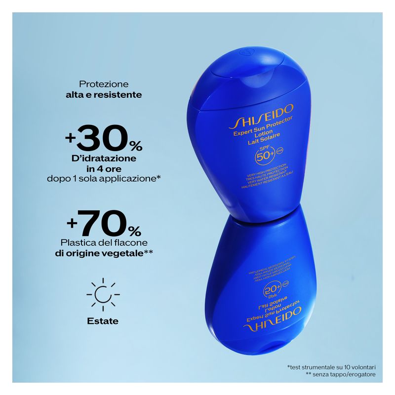 Shiseido Expert Sun Protector Lotion SPF 50+, Protezione Solare Viso e Corpo, 150 ml, Alta Protezione UVA/UVB, Resistente all'acqua e al calore