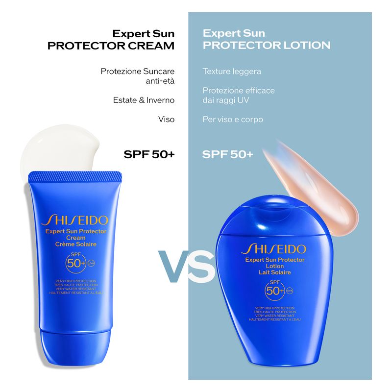 Shiseido Expert Sun Protector Lotion SPF 50+, Protezione Solare Viso e Corpo, 150 ml, Alta Protezione UVA/UVB, Resistente all'acqua e al calore