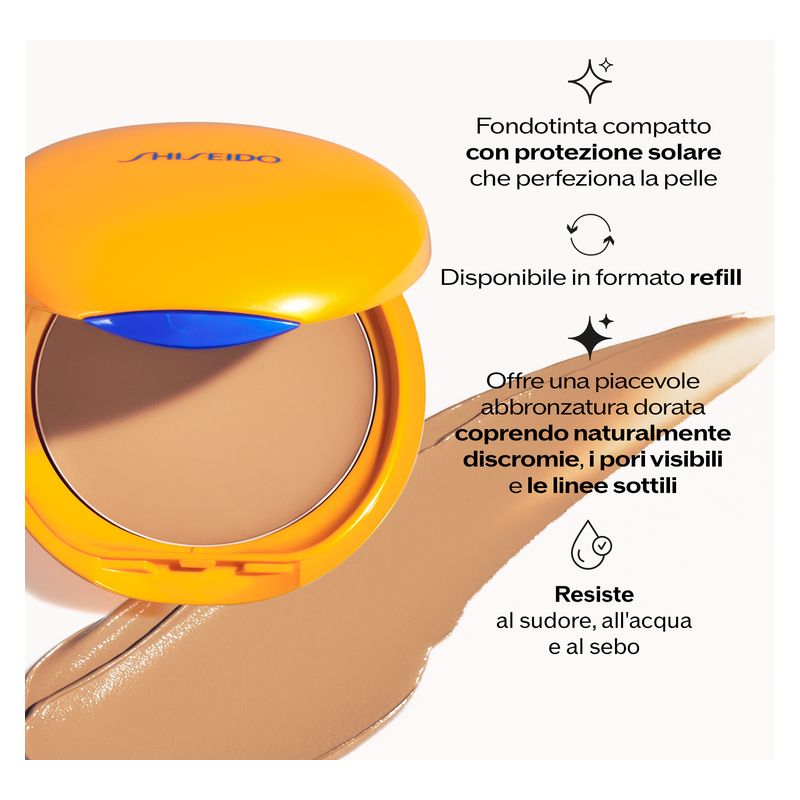 Shiseido Sun Tanning Compact Foundation Ricarica, Fondotinta Compatto SPF 10 Donna, 12 g, Colore Honey, Make-up per un incarnato baciato dal sole