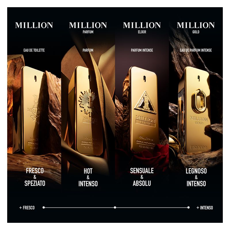 Rabanne Million Gold, Eau de Parfum Intense Uomo, 50 ml Spray, Fragranza maschile audace e sensuale, Profumo legnoso, speziato e ambrato di successo