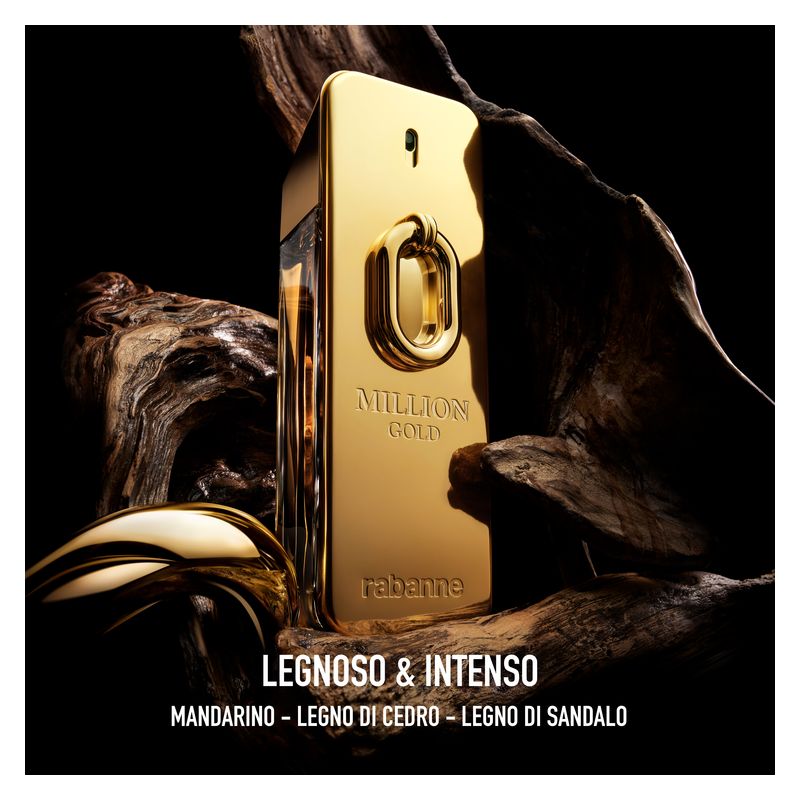 Rabanne Million Gold, Eau de Parfum Intense Uomo, 100 ml Spray, Profumo maschile legnoso e ambrato con note di mandarino, cedro e sandalo