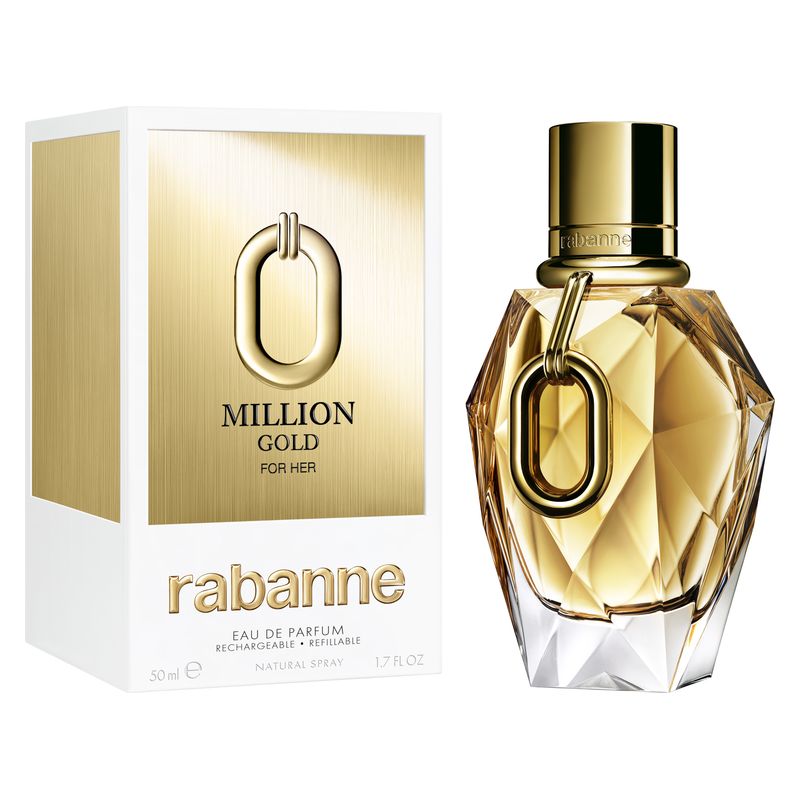 Rabanne Million Gold For Her, Eau de Parfum Donna, 50 ml Spray Ricaricabile, Profumo Grand Floral con Rose, Fiori Bianchi e Muschio Minerale, sensuale