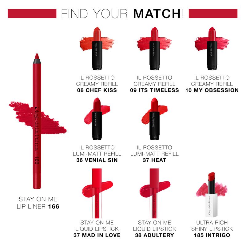 Diego dalla Palma Stay On Me Lip Liner, Matita Labbra Donna, 166 Rosso, Lunga Tenuta, Water Resistant, No Transfer, Tratto Preciso, Colore Intenso