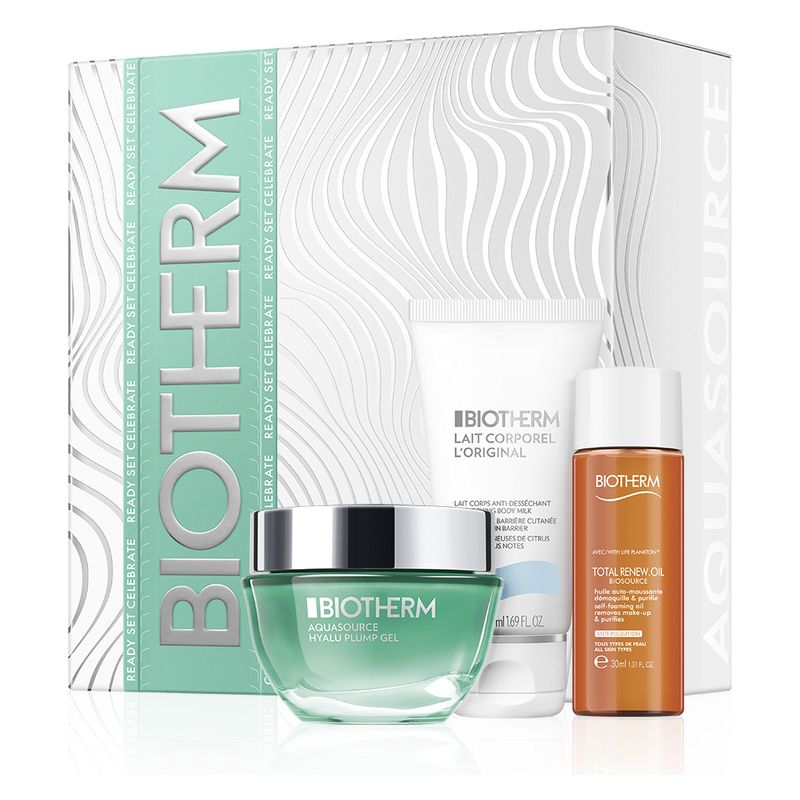 Biotherm Cofanetto Aquasource Hyalu Plump Gel, Set Skincare Idratante Donna, 4 Prodotti, Routine Viso Completa, Idea Regalo