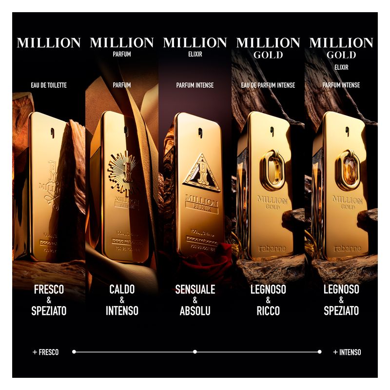 Rabanne Million Gold Elixir, Parfum Intense Uomo, 100 ml Spray, Profumo ambrato legnoso con vaniglia e sandalo, Fragranza maschile di lusso