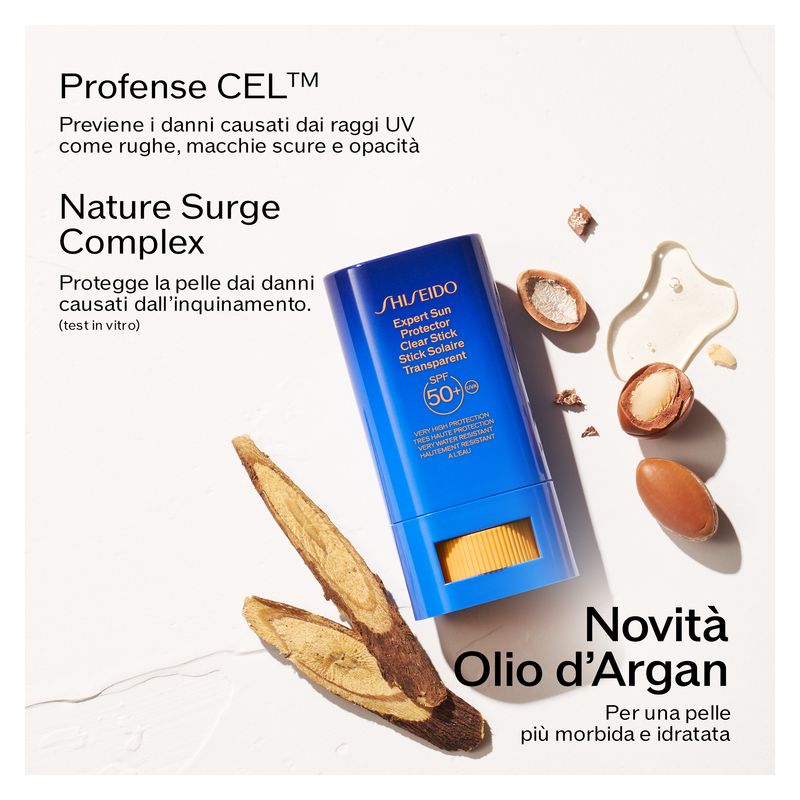 Shiseido Expert Sun Protector Clear Stick, Protezione Solare Trasparente SPF 50+, Viso e Corpo, 20 g, Resistente ad Acqua e Sudore, Anti-età