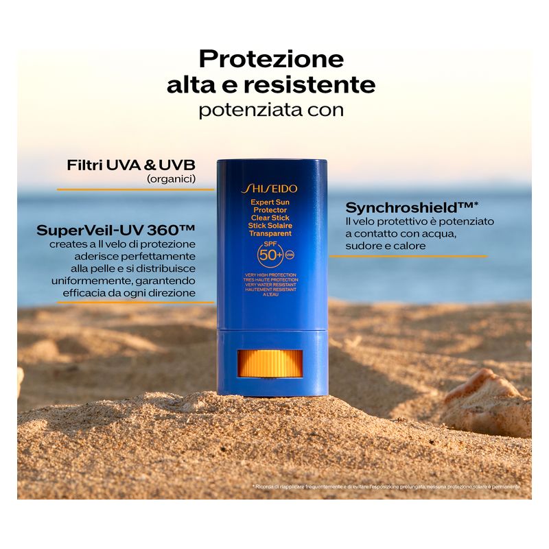 Shiseido Expert Sun Protector Clear Stick, Protezione Solare Trasparente SPF 50+, Viso e Corpo, 20 g, Resistente ad Acqua e Sudore, Anti-età