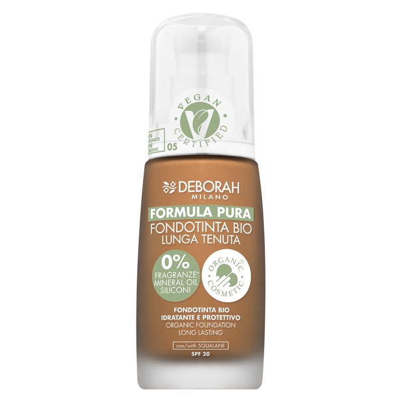 Deborah Formula Pura Fondotinta Bio Lunga Tenuta, 05 Dark Beige, 30 ml, Idratante e Protettivo con SPF 20, Per Pelli Sensibili, Cosmetico Biologico Deborah Formula Pura Fondotinta Bio Lunga Tenuta, 05 Dark Beige, 30 ml, Idratante e Protettivo con SPF 20, Per Pelli Sensibili, Cosmetico Biologico