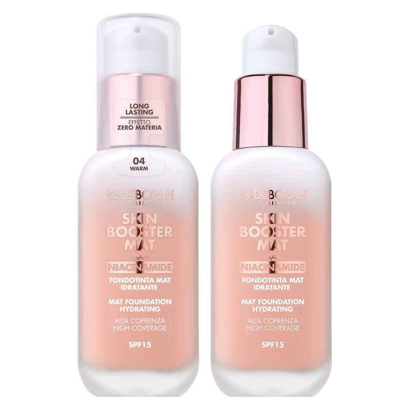 Deborah Skin Booster Mat Foundation, Fondotinta Mat Idratante a Lunga Tenuta, Colore 04 Warm, Alta Coprenza con Vitamina C e Niacinamide, SPF 15, 30 ml Deborah Skin Booster Mat Foundation, Fondotinta Mat Idratante a Lunga Tenuta, Colore 04 Warm, Alta Coprenza con Vitamina C e Niacinamide, SPF 15, 30 ml