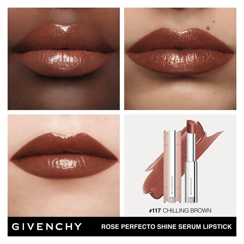 Givenchy Rose Perfecto Shine Serum, Rossetto Idratante Rimpolpante, 2.8 g, Colore 117 Chilling Brown, Finish Ultra Brillante per Labbra Morbide