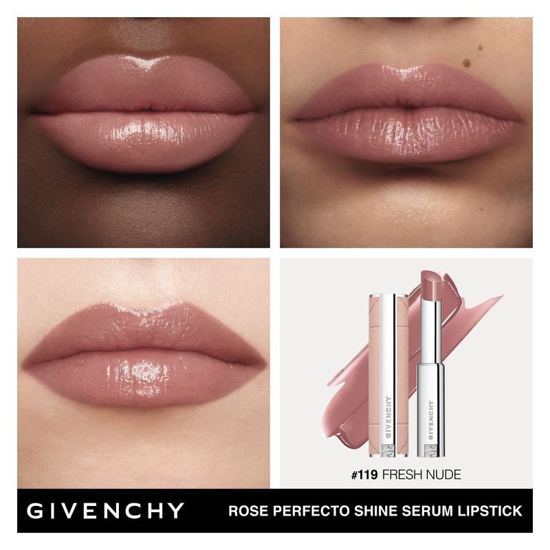 Givenchy Rose Perfecto Shine Serum, Rossetto Idratante Rimpolpante, Colore 119 Fresh Nude, 3.2 g, Finish Ultra Brillante con Vitamina C e Acido Ialuronico