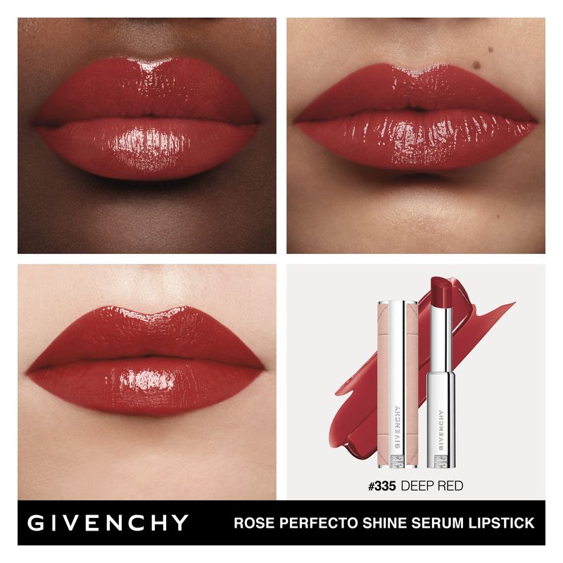 Givenchy Rose Perfecto Shine Serum, Rossetto Idratante Donna 335 Deep Red, 3.2 g, Finish Brillante, Effetto Rimpolpante con Acido Ialuronico