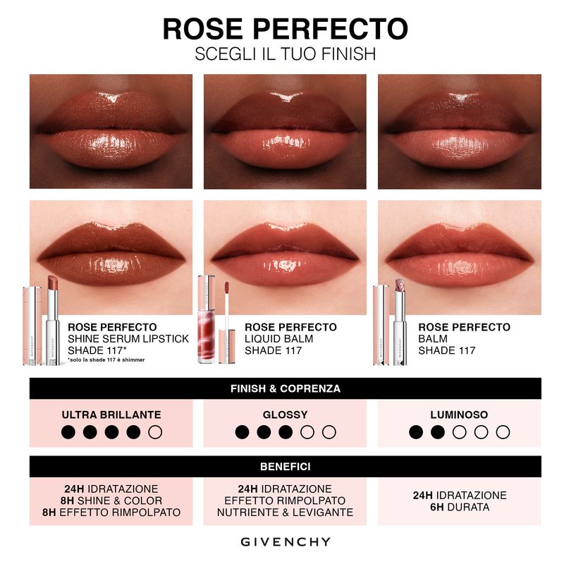 Givenchy Rose Perfecto Shine Serum, Rossetto Idratante Donna 335 Deep Red, 3.2 g, Finish Brillante, Effetto Rimpolpante con Acido Ialuronico