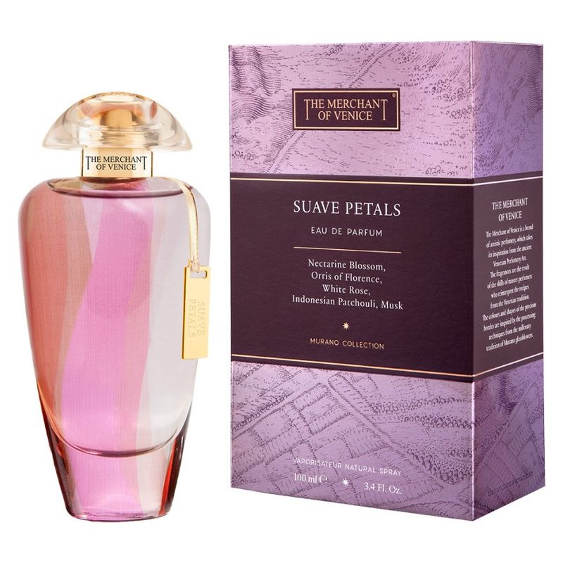 The Merchant Of Venice Murano Collection Suave Petals, Eau de Parfum Donna, 100 ml Spray, Profumo Floreale Fruttato con note di Pesca, Rosa e Vaniglia