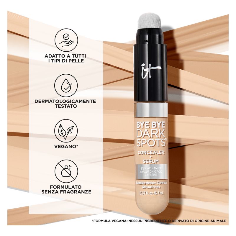 IT Cosmetics Bye Bye Dark Spots Concealer + Serum, Correttore Anti-macchie Illuminante, 44 Tan Warm, 6,7 ml, con Niacinamide e Acido Ialuronico