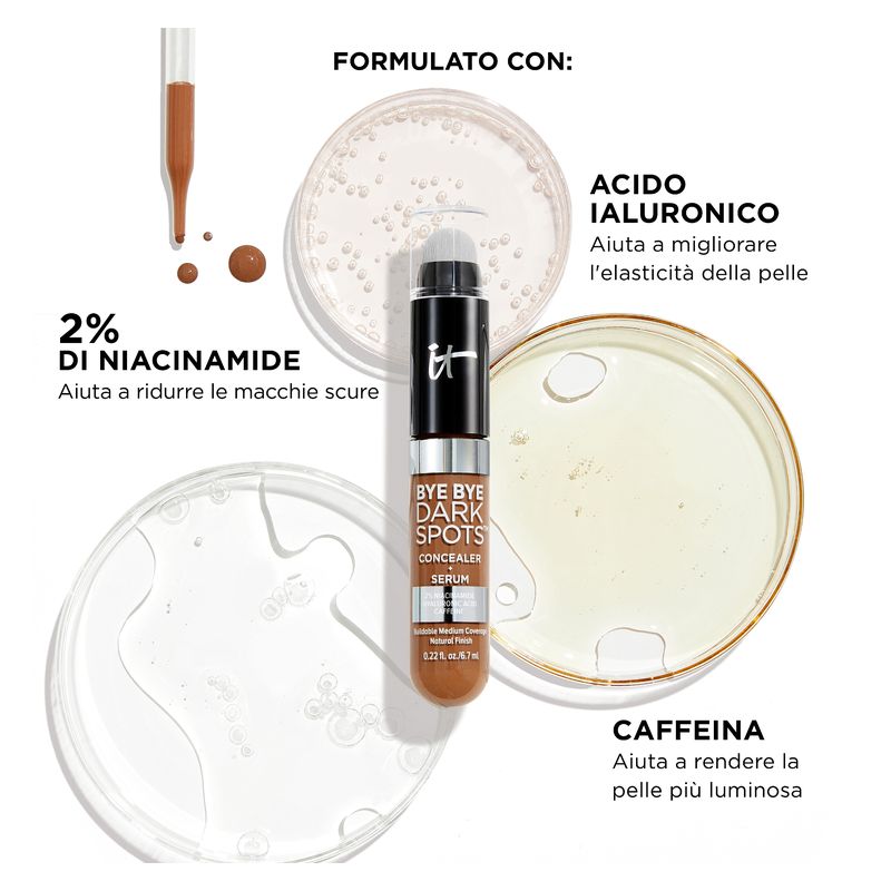 IT Cosmetics Bye Bye Dark Spots Concealer + Serum, Correttore Viso, 6,7 ml, 51 Rich Warm, Coprenza Media e Idratante, con Niacinamide e Acido Ialuronico