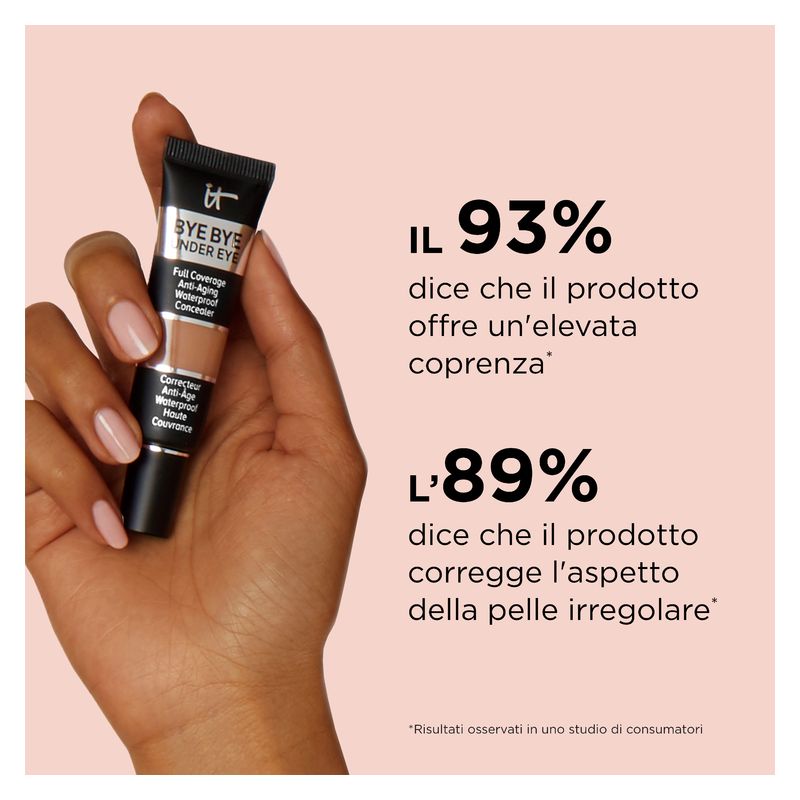 IT Cosmetics Bye Bye Under Eye Concealer, Correttore Waterproof Anti-Età Alta Coprenza, 43 Deep Honey, 12 ml, per occhiaie e linee d'espressione