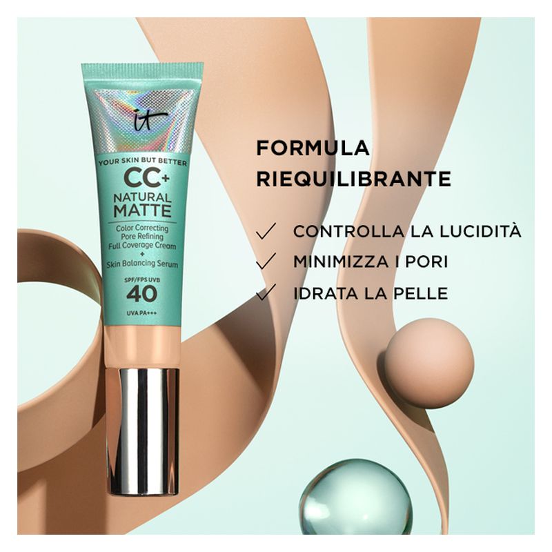 IT Cosmetics CC+ Cream Natural Matte, Fondotinta Opacizzante Oil-Free Donna, 32 ML, Fair Beige, con SPF 40 per Correzione Colore e Controllo Sebo