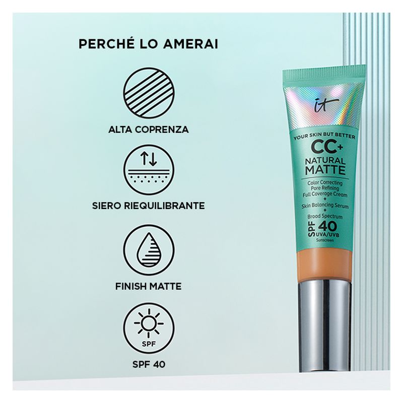 IT Cosmetics CC+ Cream Natural Matte, Fondotinta Fluido SPF 40, 32 ml, Colore Tan, Alta Coprenza, Effetto Opacizzante per Pelle Grassa e Mista IT Cosmetics CC+ Cream Natural Matte, Fondotinta Fluido SPF 40, 32 ml, Colore Tan, Alta Coprenza, Effetto Opacizzante per Pelle Grassa e Mista