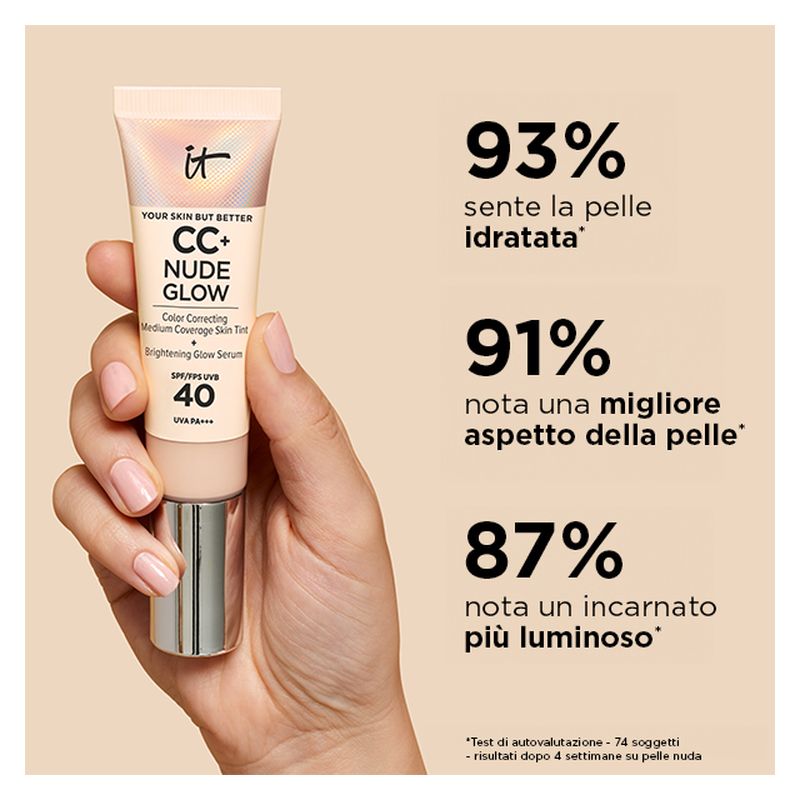 IT Cosmetics CC+ Nude Glow, Fondotinta Fluido con Siero Illuminante SPF 40, 32 ml, Fair Ivory, Coprenza Media per un look naturale e radioso