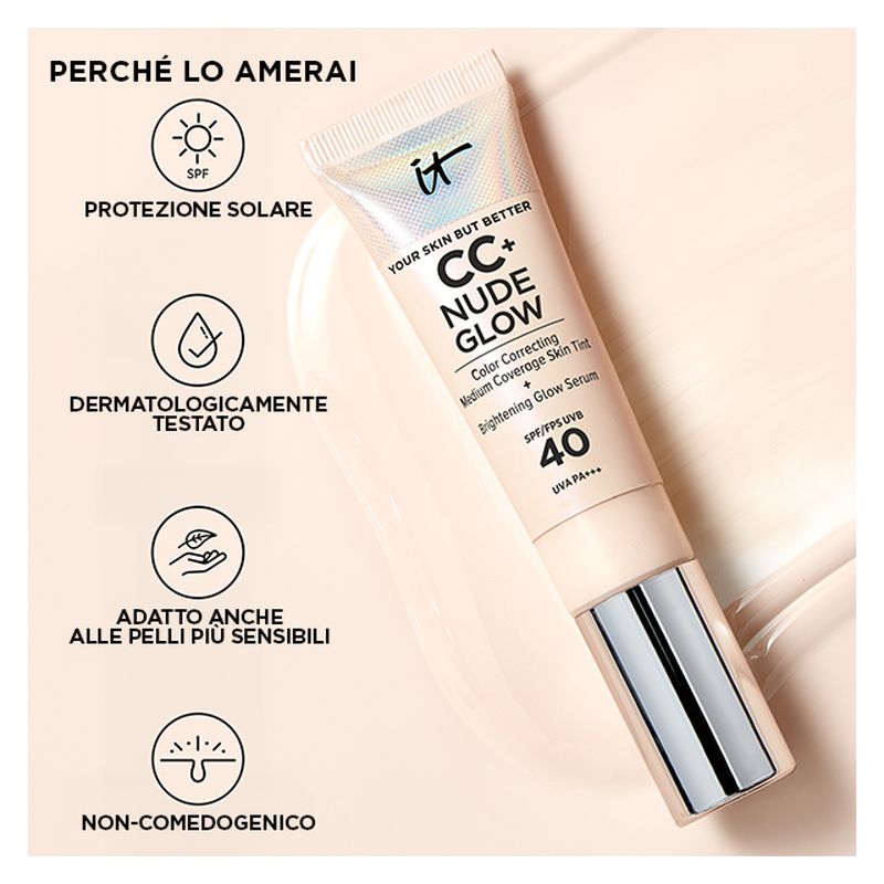 IT Cosmetics CC+ Nude Glow, Fondotinta Fluido con Siero Illuminante SPF 40, 32 ml, Fair Ivory, Coprenza Media per un look naturale e radioso