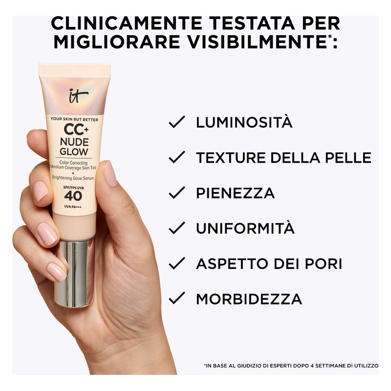 IT Cosmetics CC+ Nude Glow, Fondotinta CC Cream Idratante e Illuminante con Siero, SPF 40, 32 ml, Tonalità Neutral Medium, Effetto Pelle Radiosa