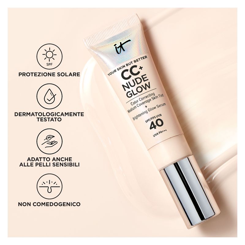 IT Cosmetics CC+ Nude Glow, Fondotinta CC Cream Idratante e Illuminante con Siero, SPF 40, 32 ml, Tonalità Neutral Medium, Effetto Pelle Radiosa